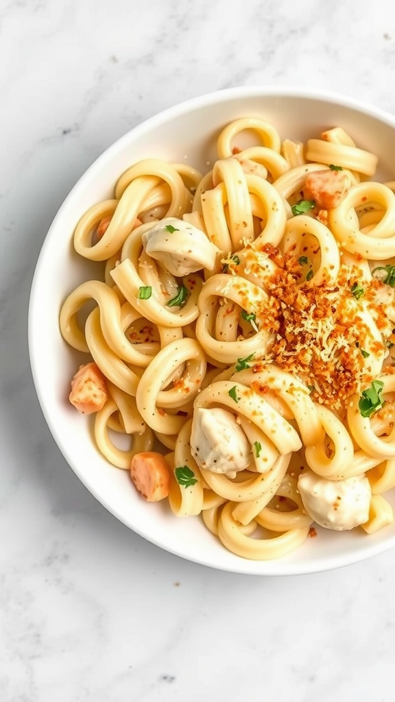 A bowl of creamy Chicken Alfredo pasta with herbs and breadcrumbs on top