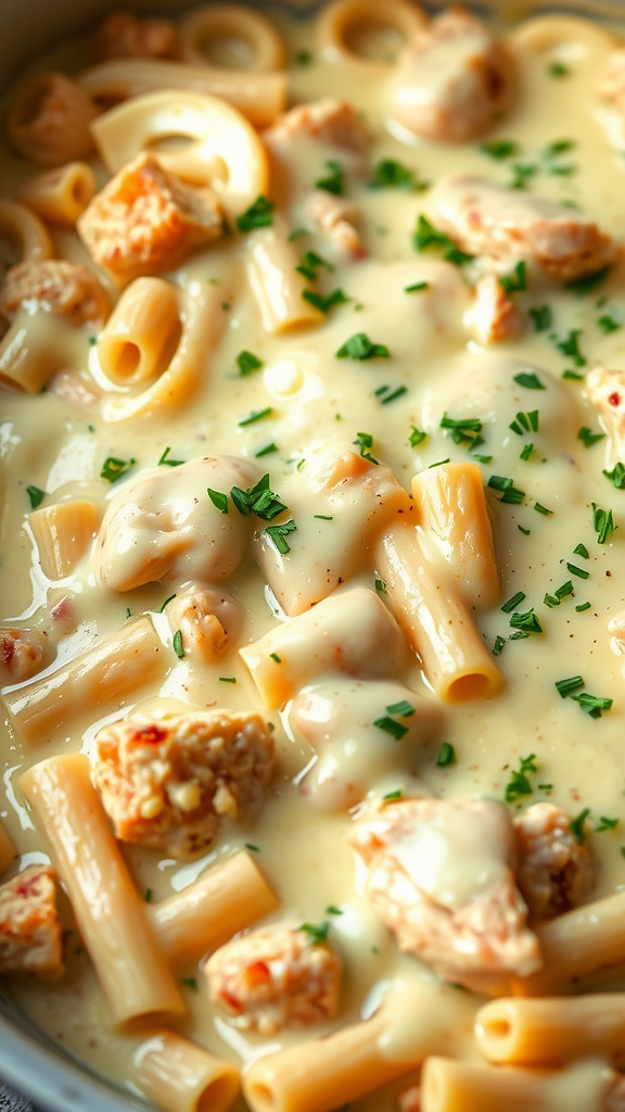 A creamy Chicken Alfredo Bake with pasta and herbs