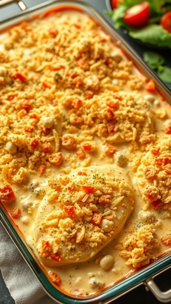 A delicious Chicken Alfredo Bake with crispy topping and colorful vegetables.