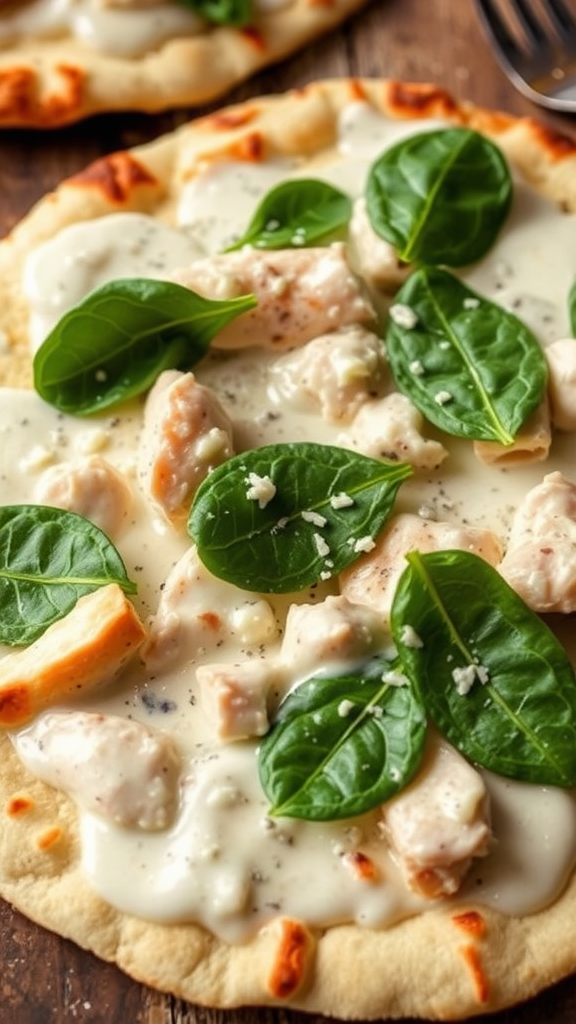 Delicious Chicken Alfredo Flatbread Pizza topped with spinach and chicken on a wooden table.