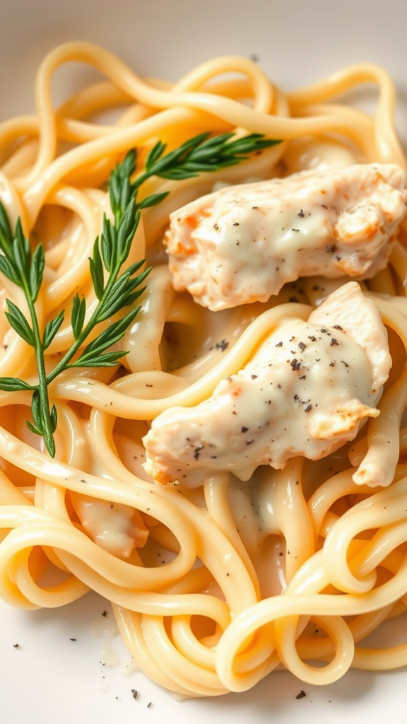 A plate of Chicken Alfredo Pasta with fettuccine, creamy sauce, and pieces of chicken.