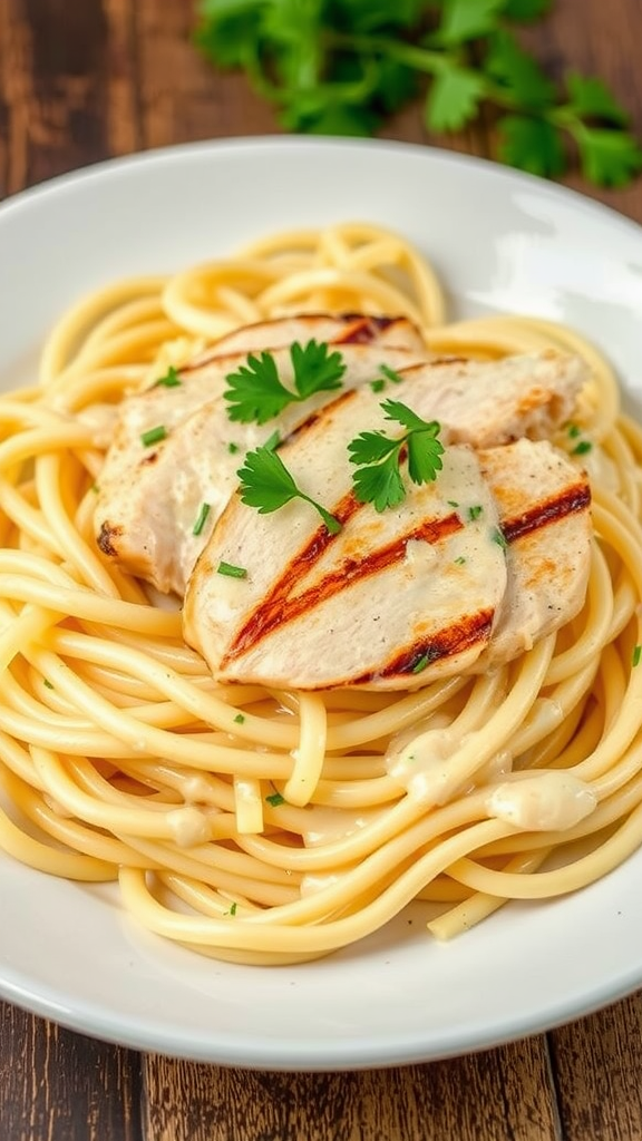 A serving of Chicken Alfredo with zucchini noodles, grilled chicken, and parsley on top