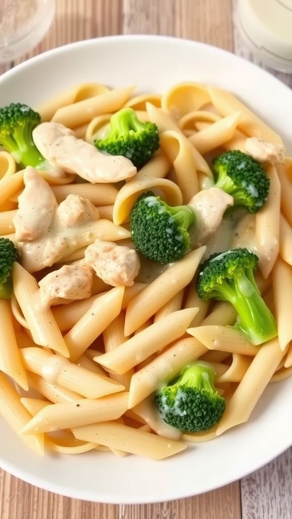 A bowl of chicken and broccoli pasta with creamy sauce and green broccoli florets.
