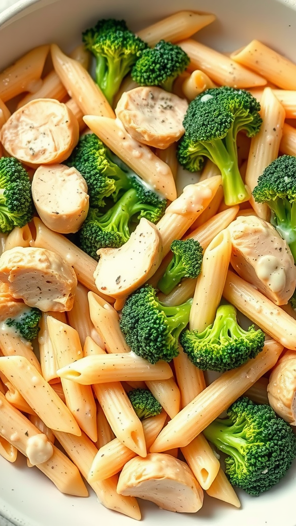 A bowl of chicken and broccoli pasta with creamy sauce