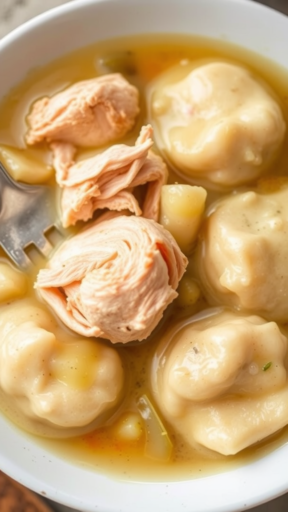 Bowl of chicken and dumplings with tender chicken and fluffy dumplings in a rich broth
