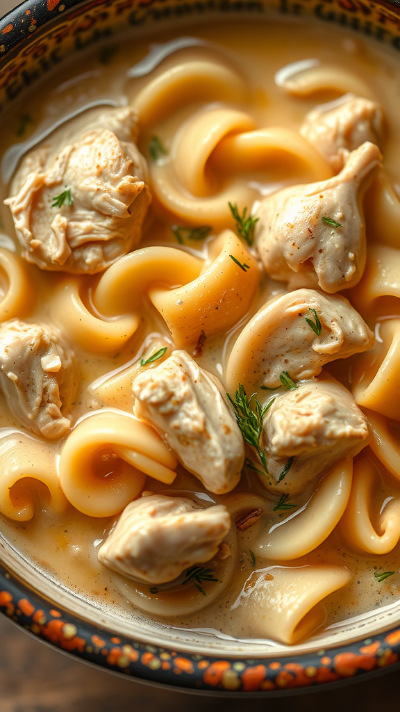 A bowl of chicken and noodles with pieces of chicken and herbs in a creamy broth.