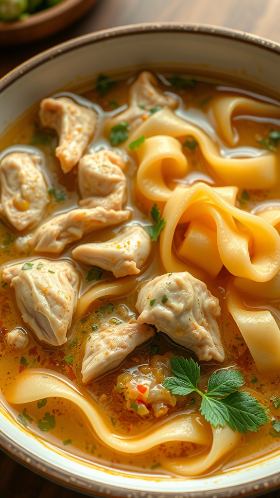 A bowl of chicken and noodles in broth, garnished with herbs