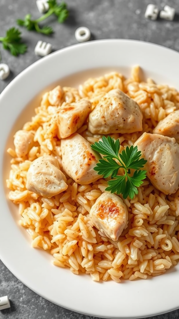 Plate of chicken and rice garnished with parsley