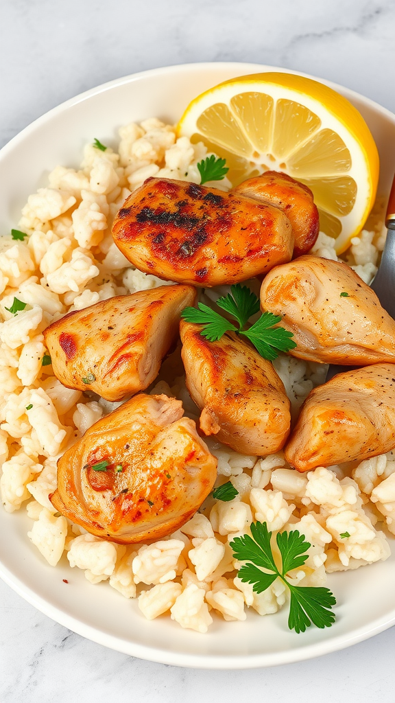 Plate of chicken and rice with lemon and parsley