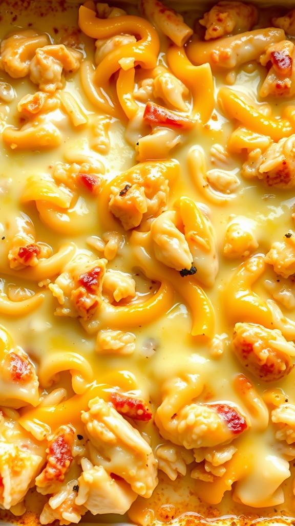 A bubbling chicken and rice casserole topped with melted cheese.