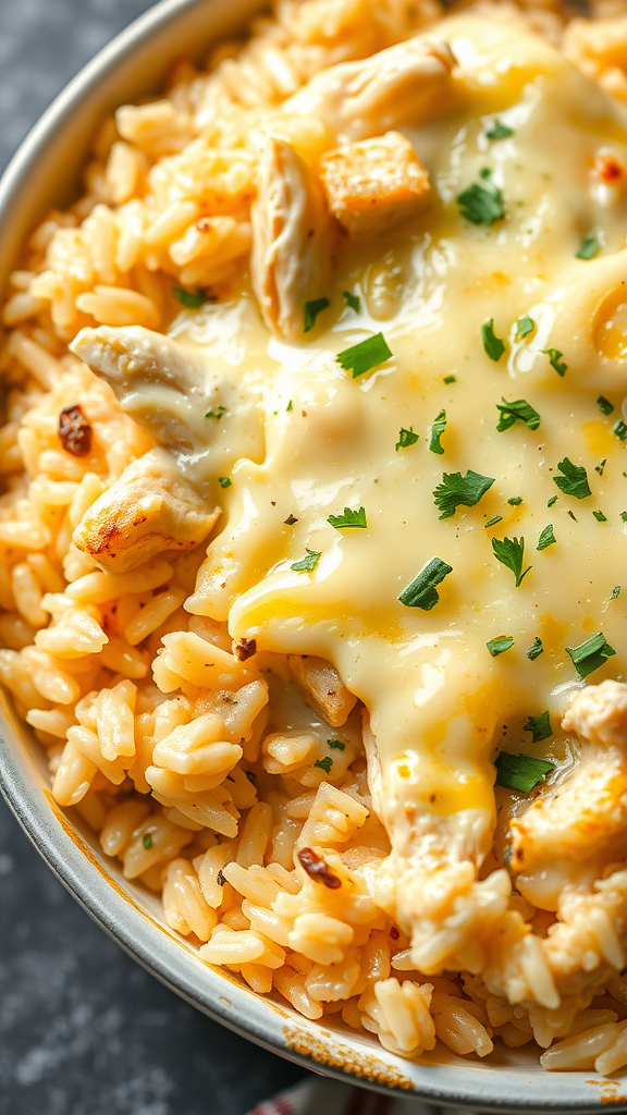 A close-up of Chicken and Rice Casserole with melted cheese and garnished with parsley