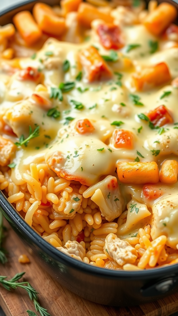 A close-up of a chicken and rice casserole topped with melted cheese and fresh herbs.