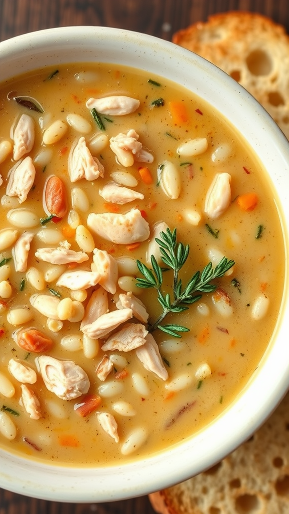 A bowl of chicken and wild rice soup topped with shredded chicken and a sprig of herbs, next to slices of bread.