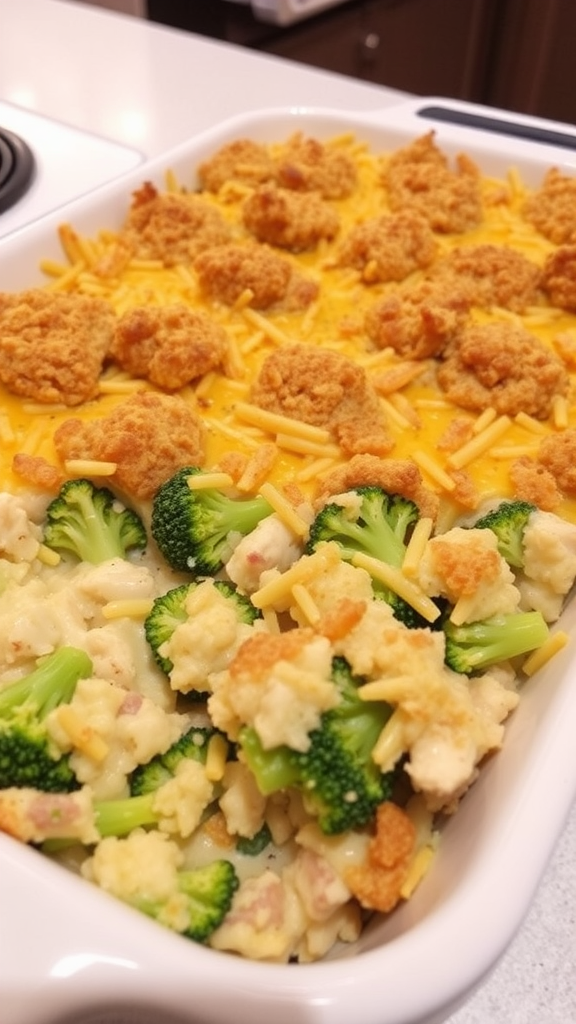 A delicious Chicken Broccoli and Rice Casserole topped with cheese and crispy bits.