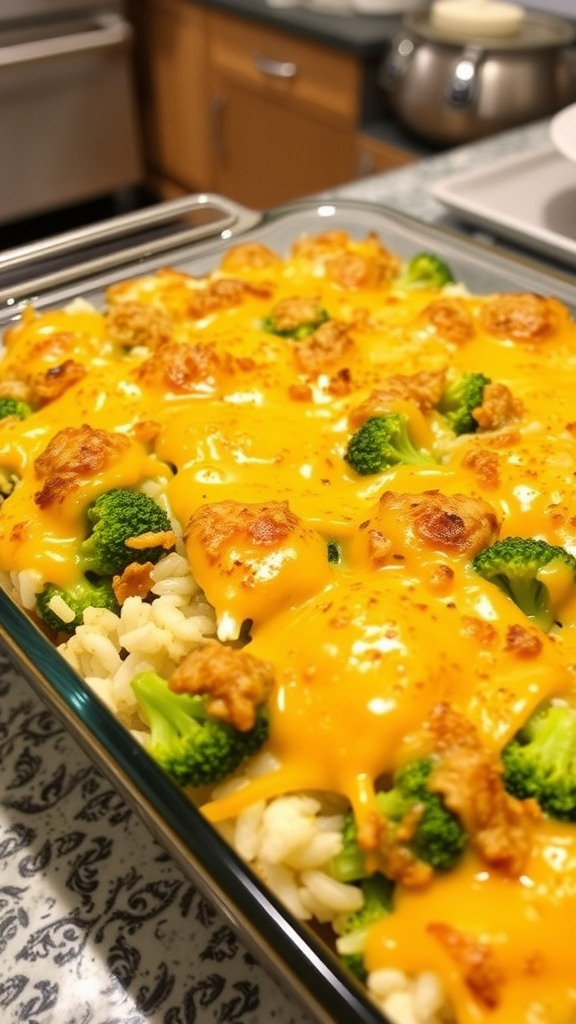 A delicious Chicken Broccoli and Rice Casserole topped with melted cheese and broccoli pieces.