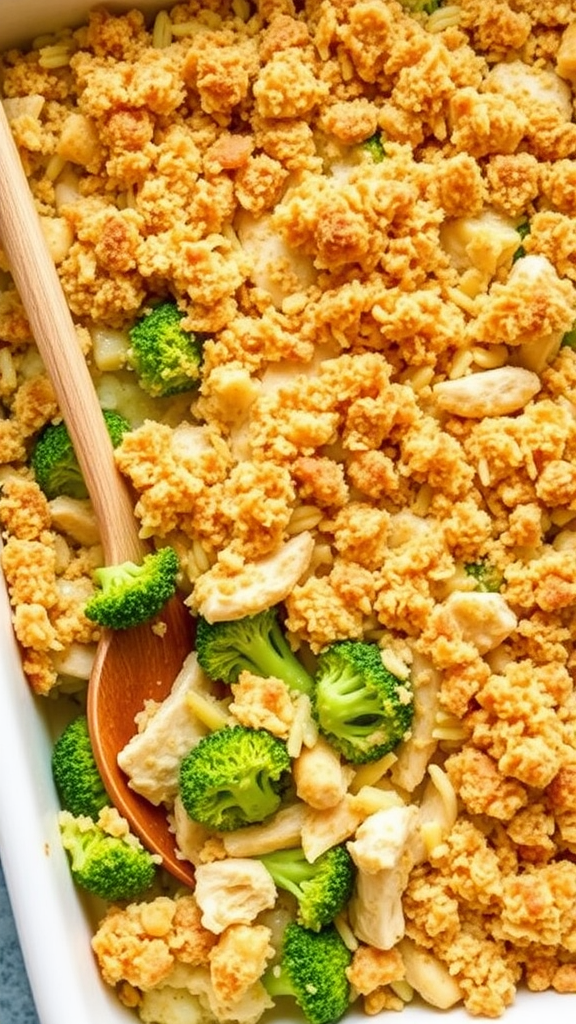Chicken broccoli and rice casserole with a golden topping and bits of broccoli and chicken