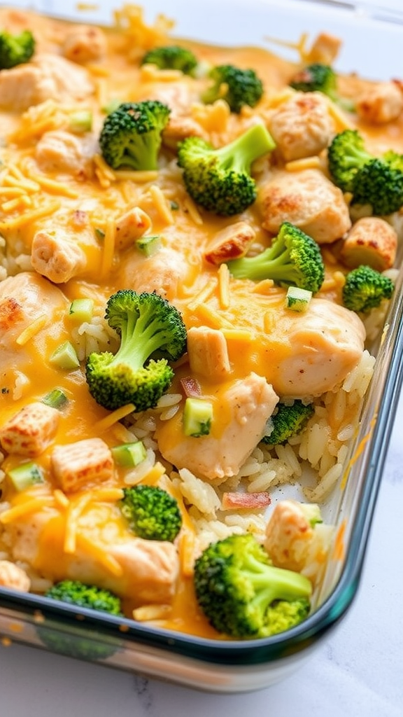 A delicious Chicken Broccoli and Rice Casserole topped with melted cheese and fresh broccoli.