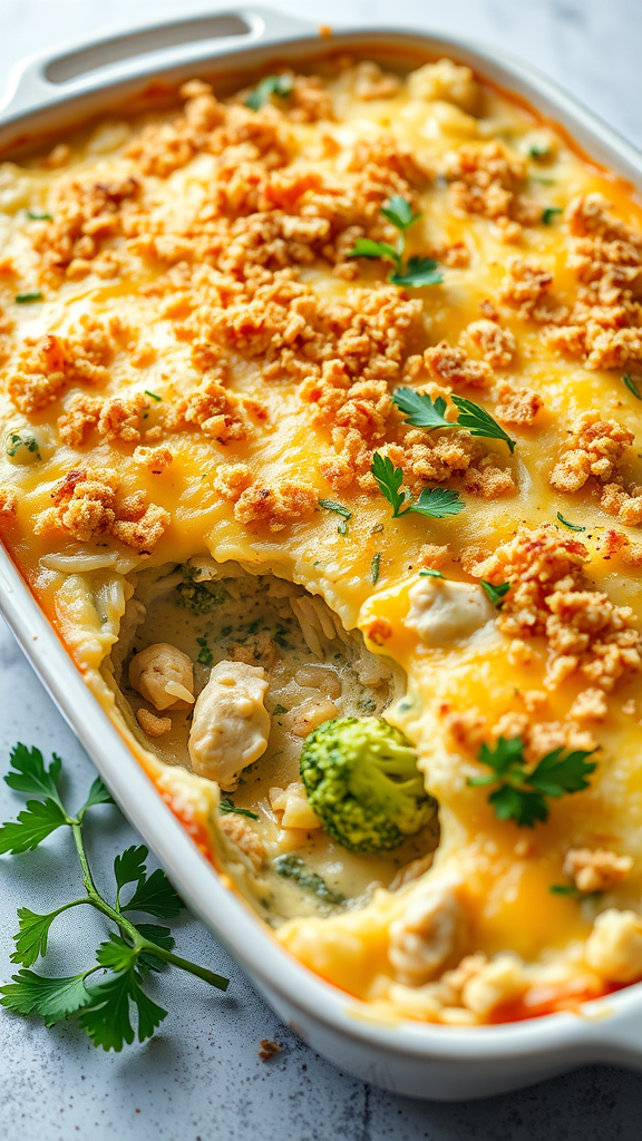 A delicious chicken broccoli and rice casserole topped with crispy crumbs.