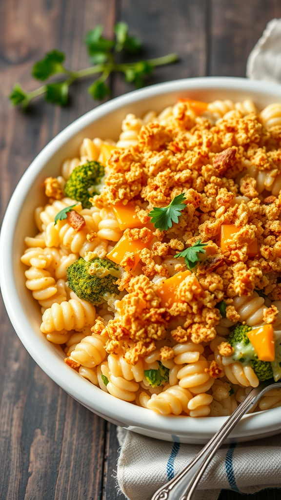 A bowl of Chicken Broccoli and Rice Casserole with pasta, broccoli, and a crunchy topping.
