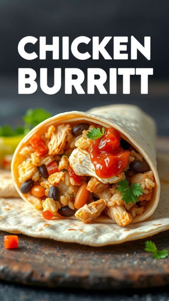 A delicious chicken burrito filled with rice, beans, and salsa on a wooden board.