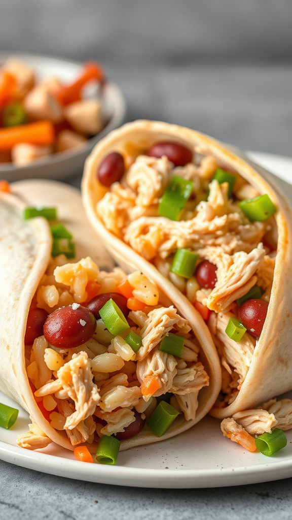 Chicken burritos filled with shredded chicken, kidney beans, and green onions on a plate