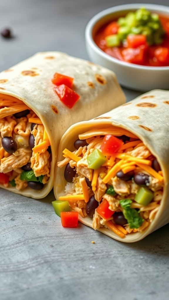 Two chicken burritos filled with shredded chicken, black beans, and vegetables, served with a bowl of salsa.