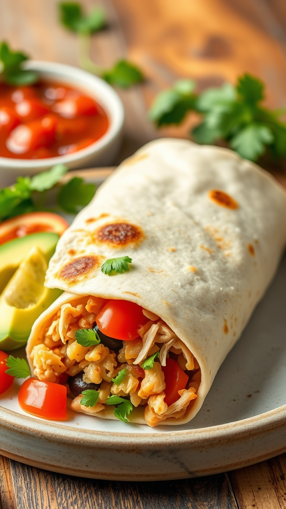 A chicken burrito filled with rice, tomatoes, and cilantro, served with salsa and avocado slices.