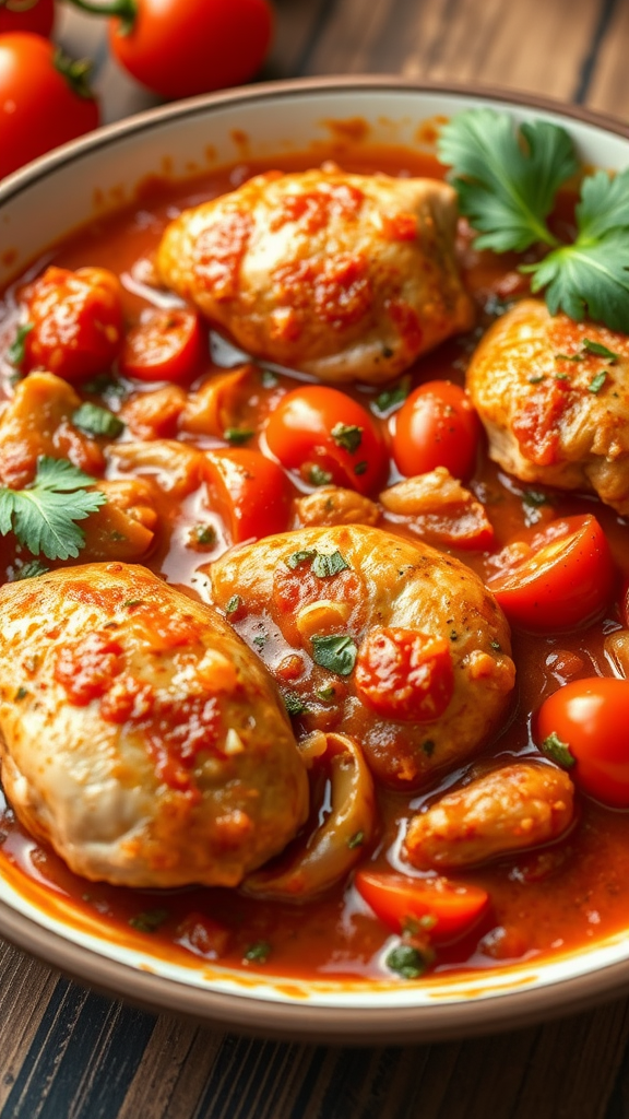 A bowl of Chicken Cacciatore with tomatoes and herbs