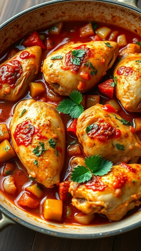 A delicious plate of Chicken Cacciatore with vibrant vegetables and herbs.