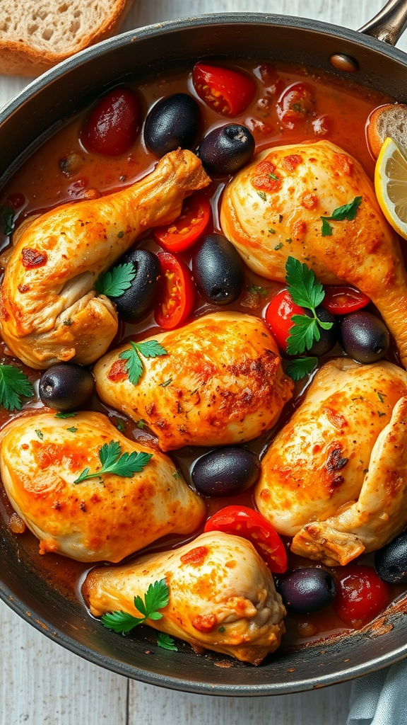 A delicious Chicken Cacciatore dish with chicken drumsticks, cherry tomatoes, olives, and parsley in a pan.