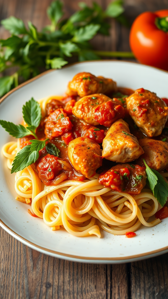 A plate of Chicken Cacciatore served with spaghetti, garnished with parsley and surrounded by fresh tomatoes.