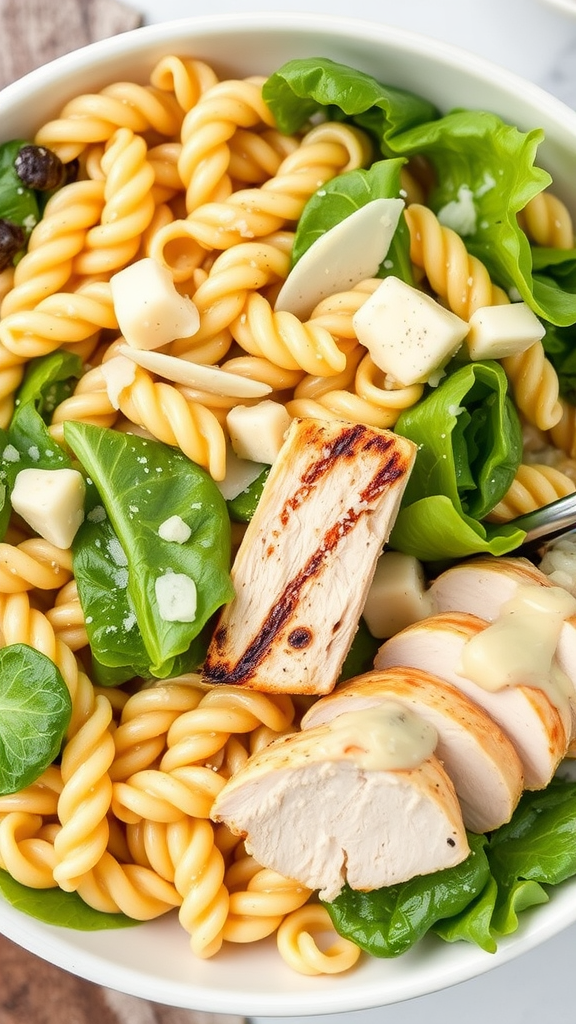A bowl of Chicken Caesar Pasta Salad with grilled chicken, pasta, and greens.