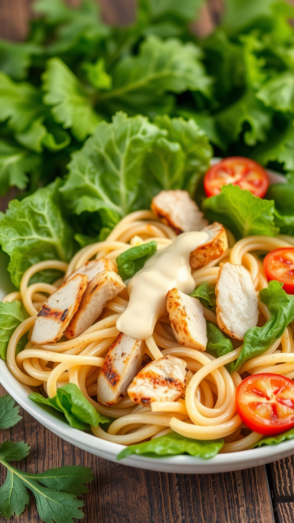 A bowl of Chicken Caesar Pasta Salad with grilled chicken, lettuce, cherry tomatoes, and creamy dressing.
