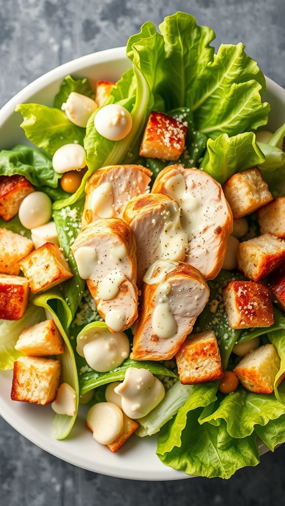 A colorful and fresh Chicken Caesar Salad topped with grilled chicken, croutons, and dressing.