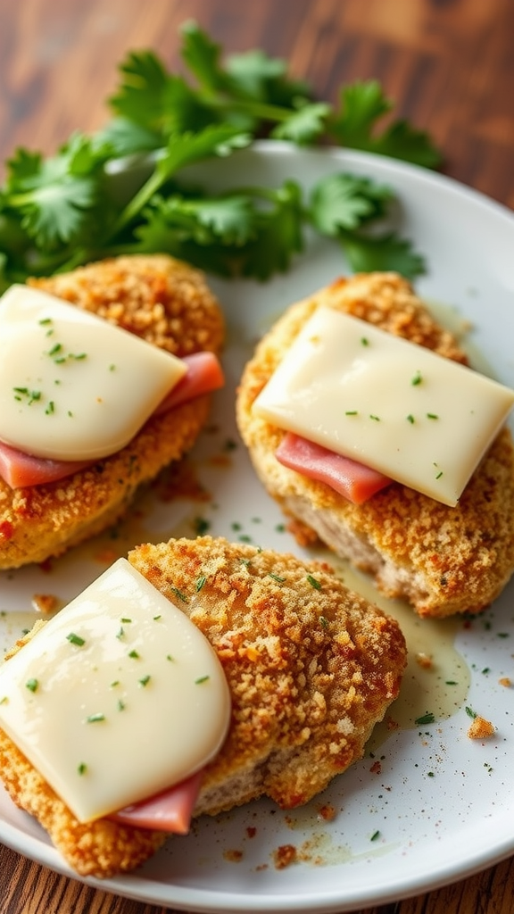 Three crispy Chicken Cordon Bleu pieces topped with ham and cheese on a plate, garnished with parsley.