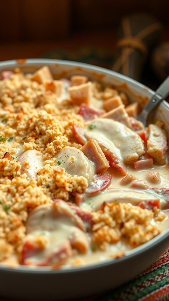 A delicious chicken cordon bleu casserole with layers of chicken, ham, and creamy sauce.