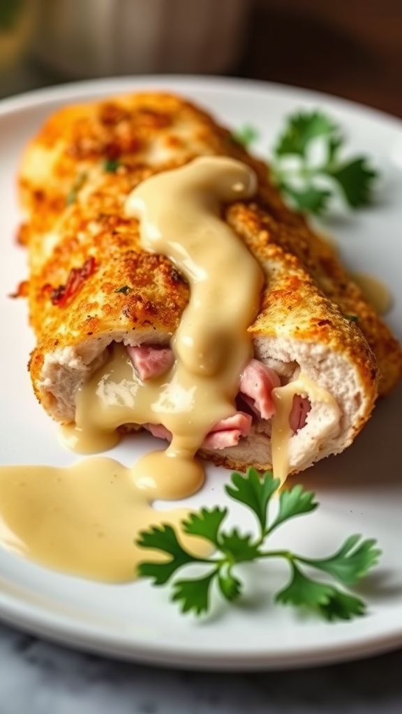 Plated Chicken Cordon Bleu with creamy sauce and garnished with herbs