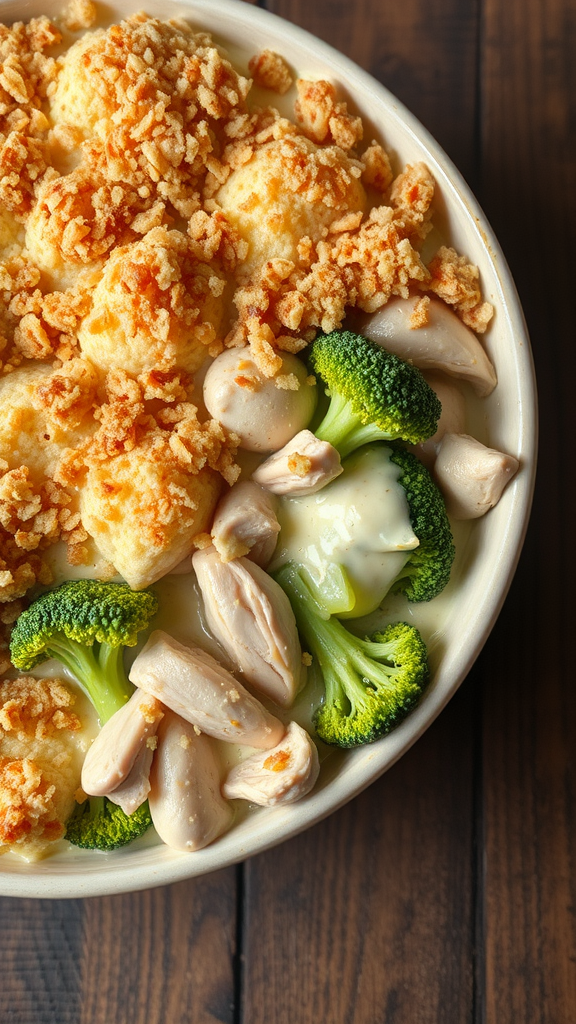 A delicious serving of Chicken Divan with broccoli, chicken, and a crispy breadcrumb topping.