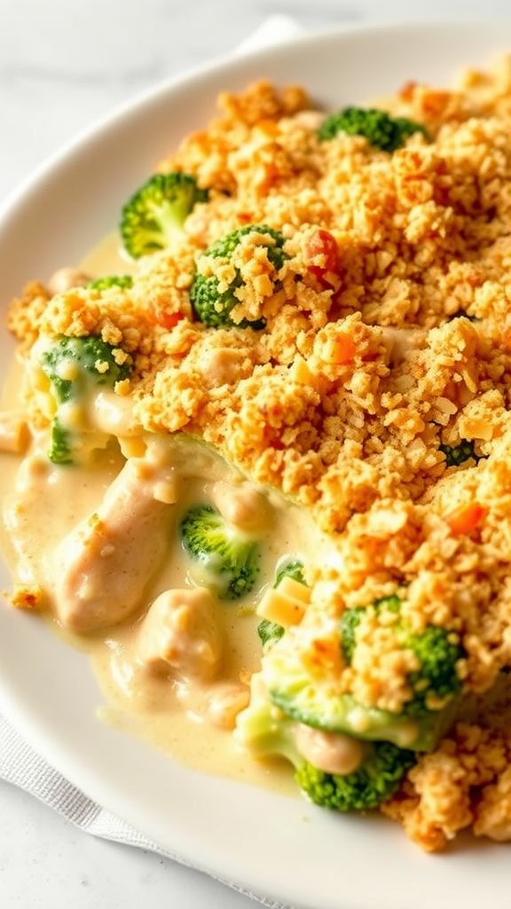 A plate of Chicken Divan with broccoli and a crispy topping