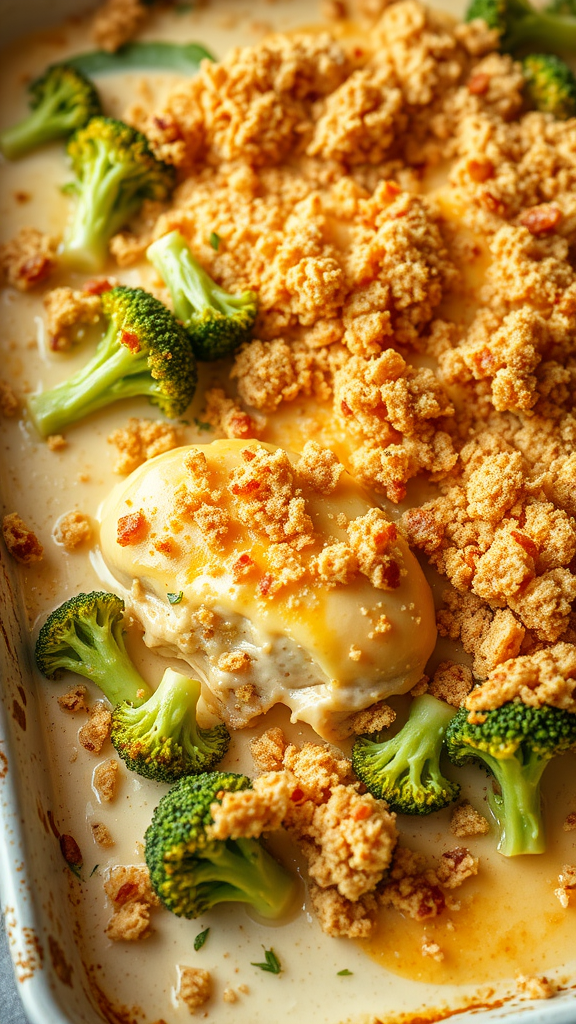 A close-up of a Chicken Divan dish with broccoli and a crunchy topping