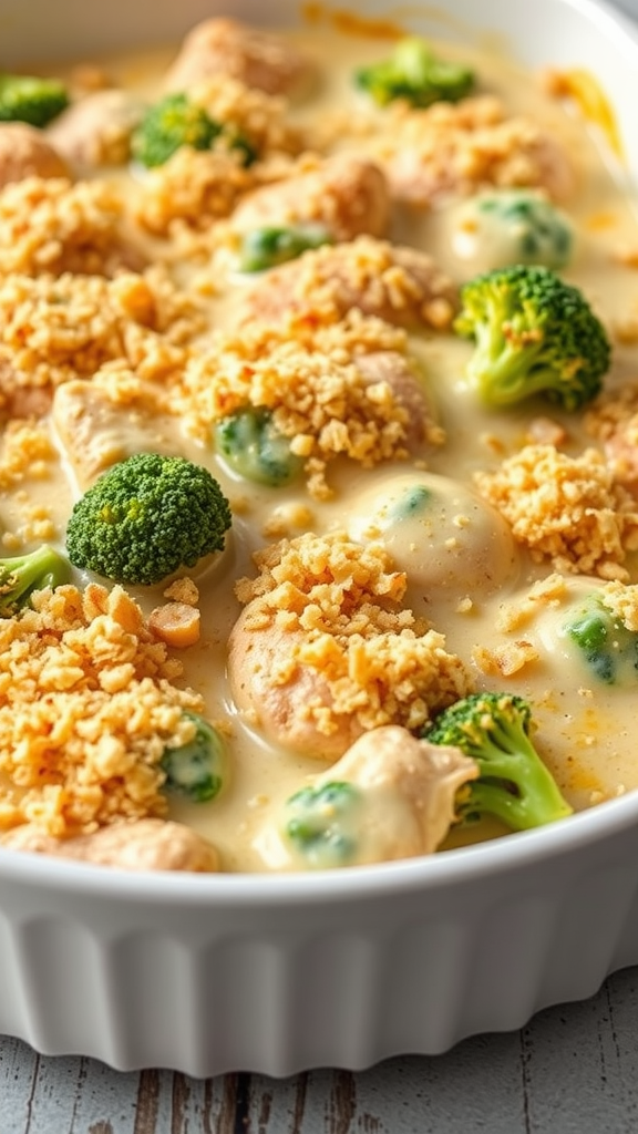 A creamy Chicken Divan casserole with broccoli and a crunchy breadcrumb topping