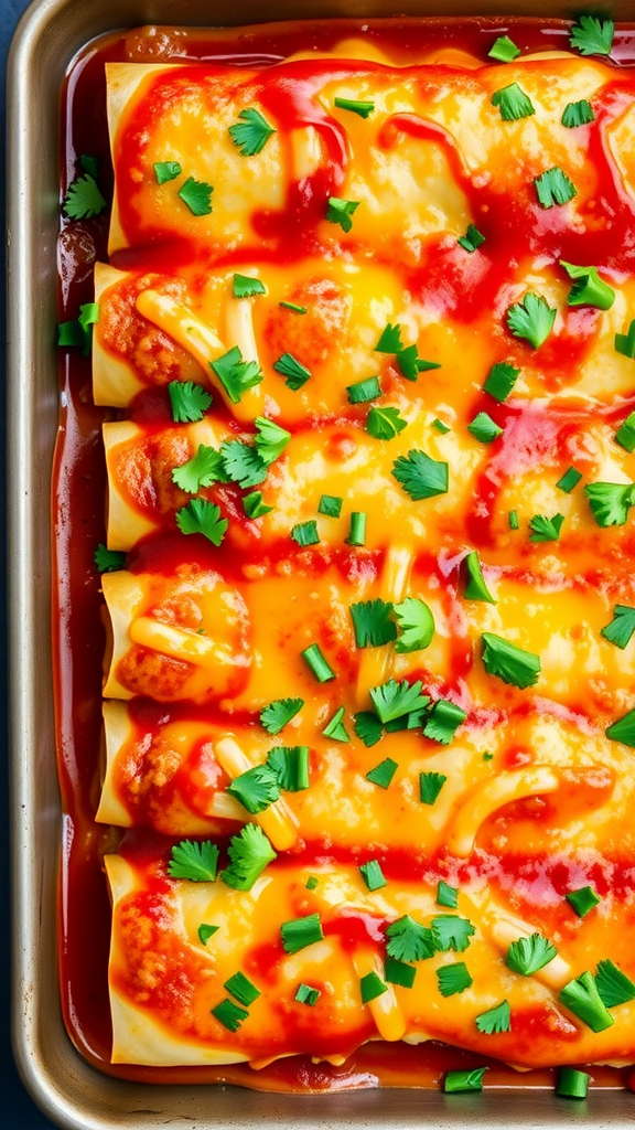 A close-up of chicken enchiladas topped with cheese and sauce, garnished with cilantro.