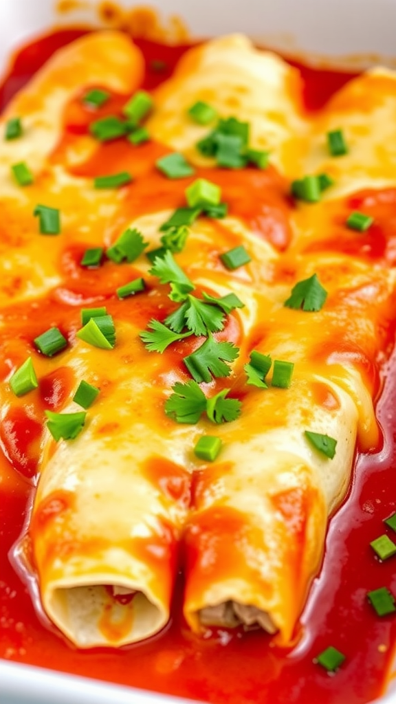 A close-up image of chicken enchiladas topped with sauce, cheese, cilantro, and green onions.