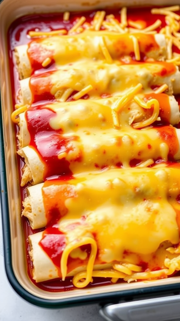 A tray of chicken enchiladas topped with red sauce and melted cheese.
