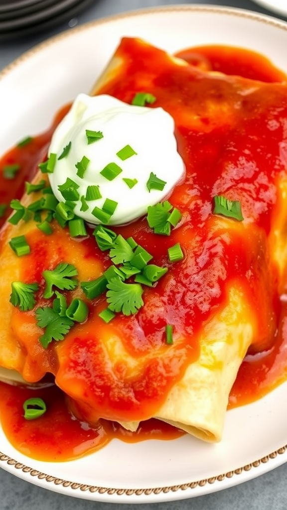 Delicious chicken enchiladas topped with sauce and garnished with cilantro