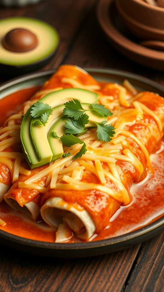 Plate of chicken enchiladas topped with avocado and cilantro on a wooden table