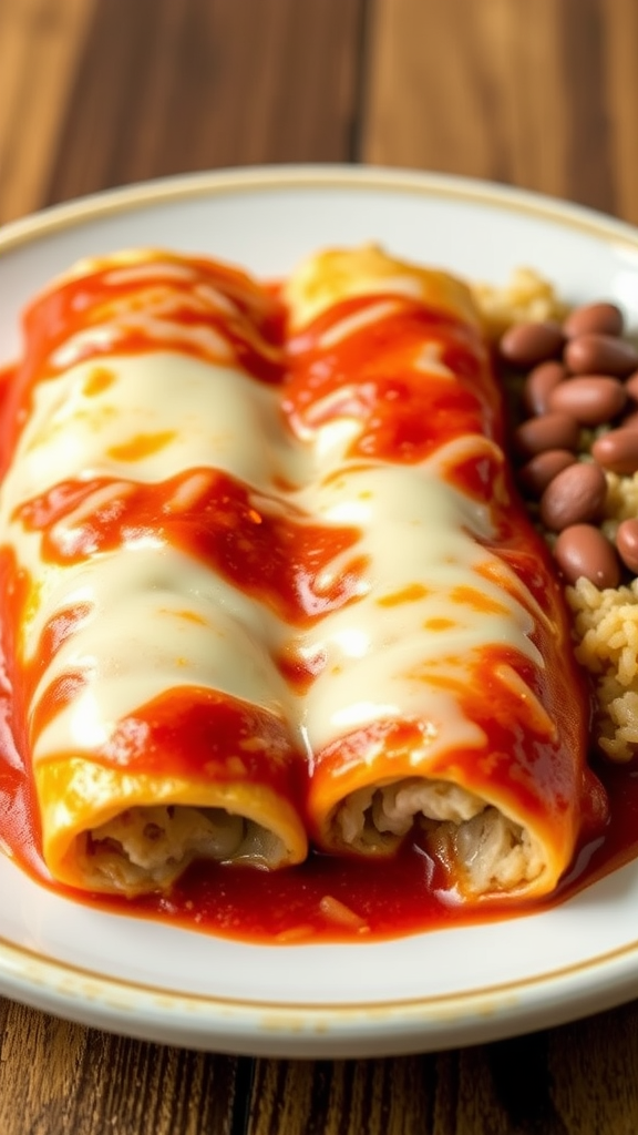 A plate of chicken enchiladas topped with cheese and sauce, served with rice and beans.
