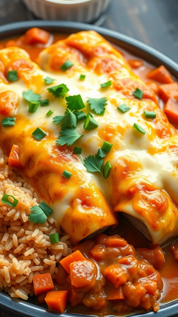 Delicious chicken enchiladas topped with cheese and cilantro, served with rice and beans.