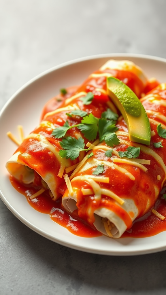 Plate of chicken enchiladas topped with red sauce, cheese, cilantro, and lime.