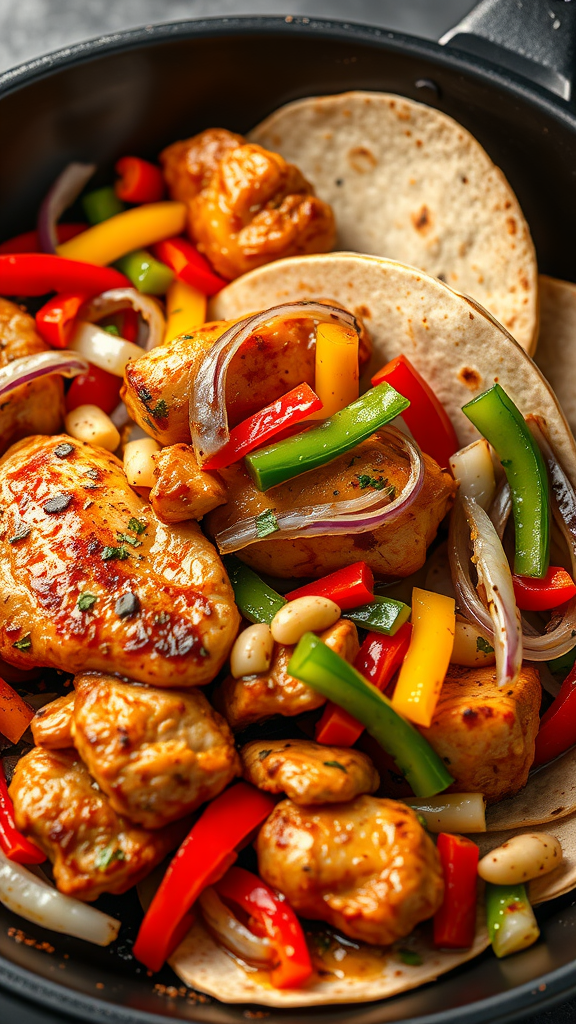 A delicious plate of chicken fajitas with colorful bell peppers and warm tortillas.